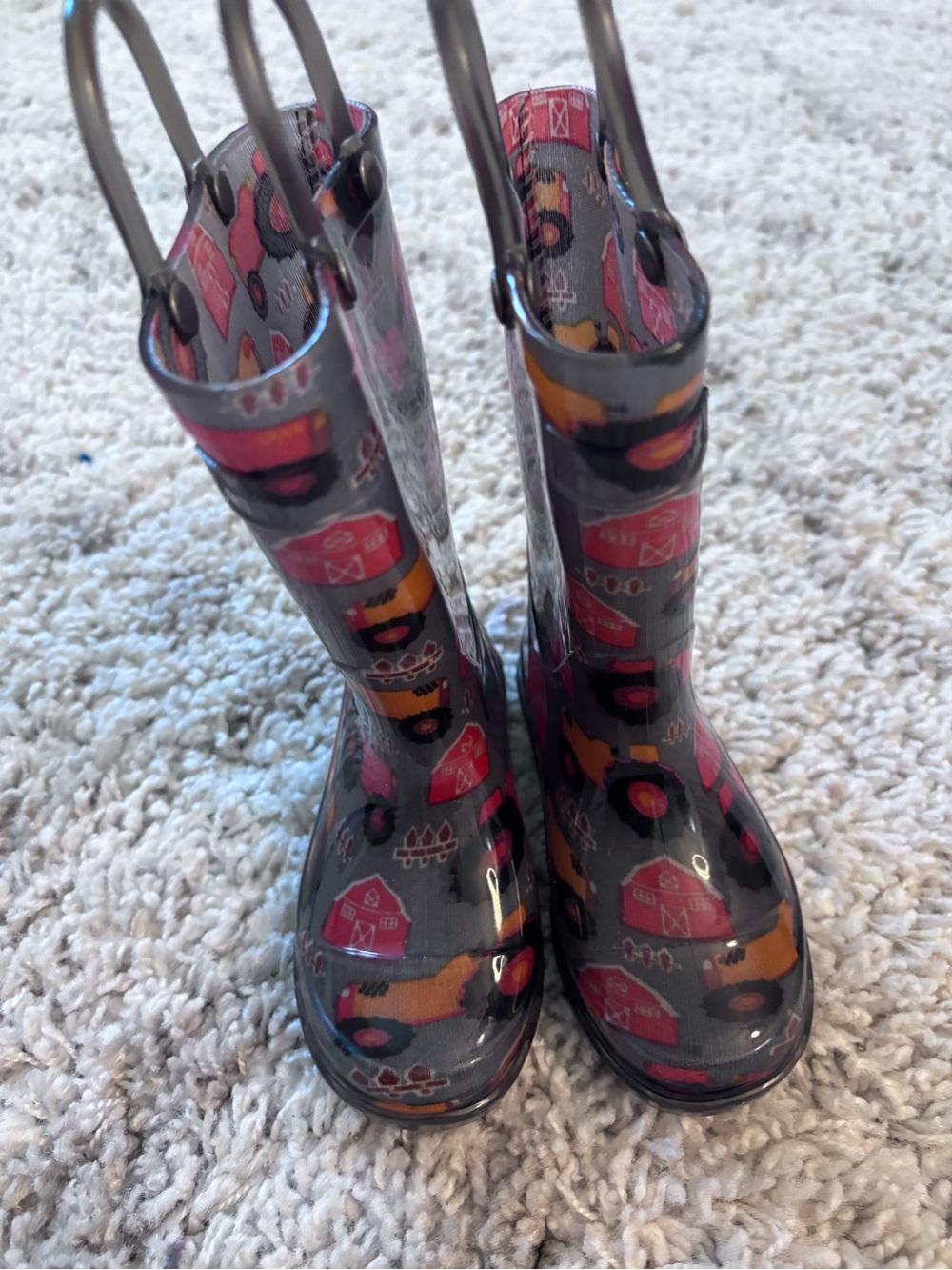 Kids Gray Rain Boots with Red & Yellow Tractor Print
